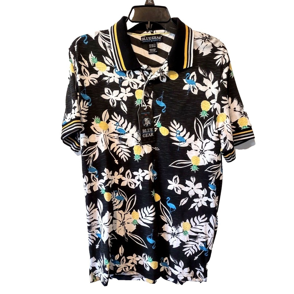 Blue Gear Hawaiian Shirt Mens‎ Small Floral Print Design 3 Button Polo Adult New
